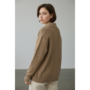 Suéter Beige Elegante para Uso Diario con Detalle de Perlas, Patrón de Punto, Cuello Redondo, Corte Holgado y Relajado, Hecho de Tela de Camiseta - Product Image 4
