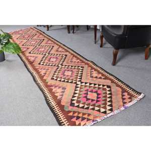 Kilim, alfombra de lana rosa marrón, 3x11,7 pies, tejido plano turco hecho a mano, Jacquard, patrón abstracto, látex para pasillo, espacio rectangular - Product Image 1
