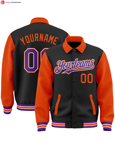 Blouson d'aviateur personnalisé noir blanc-orange veste Byron à col à revers bicolore Varsity Letterman à boutons-pression - Product Image 5