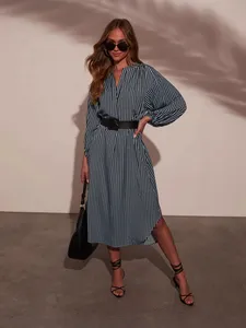 Abito midi da donna <span class=keywords><strong>a</strong></span> righe, vestibilità ampia, scollo <span class=keywords><strong>a</strong></span> V, maniche <span class=keywords><strong>a</strong></span> <span class=keywords><strong>palloncino</strong></span>, spacco laterale, casual ed elegante - Product Image 5