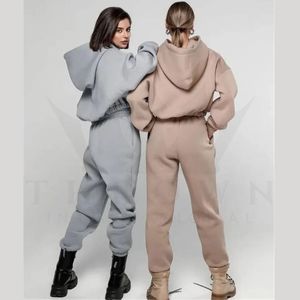 Ensemble deux pièces pour femme, hiver, coupe classique, couleur unie, molleton 100% coton épais 340 g/m², impression personnalisée, broderie logo, 2025 - Product Image 3