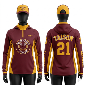 Sweat à capuche d'entraînement de lacrosse pour hommes, 300 GSM, tissu tricoté en polyester premium, bleu marine et jaune, empiècements contrastants, broderie, impression, logo personnalisé - Product Image 4