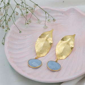 Dua Trendy <b>Blue</b> <b>Opal</b> Drop <b>Earrings</b> Handcrafted Brass 18K Gold Plated Wedding Statement Jewelry for Women - Product Image 1