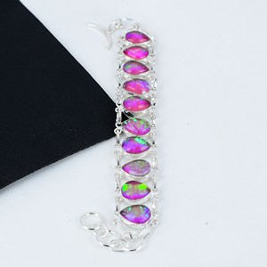 Pulsera de Plata de Ley 925 Hecha a Mano con Ópalo de Fuego Triple Rosa, Estilo Vintage, Unisex, Certificada por Terceros, Engaste en Bisel - Product Image 2
