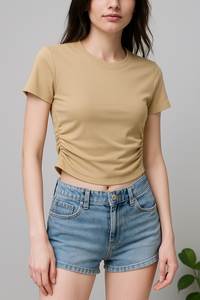 T-shirts à manches courtes et col rond pour femmes, T-shirts décontractés coupe ajustée avec détails sur les côtés froncés - Product Image 6