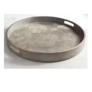 Plateau moderne en bois Plateau pour petit-déjeuner à usage multiple Plateau de service rond en bois d'acacia Grandes poignées pour le service - Product Image 2