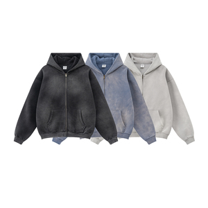 100% Cotton Luxury Cropped Hoodie <b>for</b> <b>Men</b> Sun Faded Drop Shoulder <b>Pouch</b> Pocket Acid Washed Distressed Zip Puluver Hooded Winter - Product Image 1
