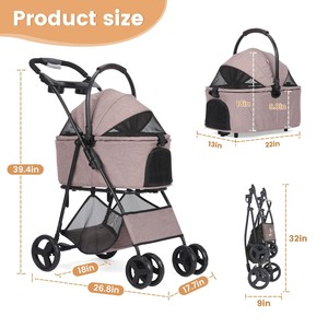 Poussette TH-PPS-404 tout terrain à quatre roues pour animaux de compagnie avec pneus en caoutchouc durables maille ventilée et sangle de sécurité - Product Image 4