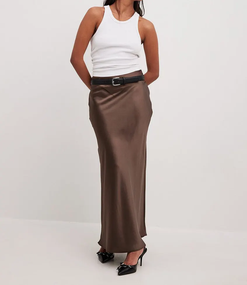 Women Brown High Waist Long Faldas Para Mujer Satin Midi Skirt