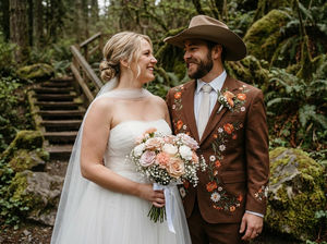 Costume de mariage occidental brodé de fleurs pour homme, style cowboy, ensemble blazer et pantalon pour le marié - Product Image 2