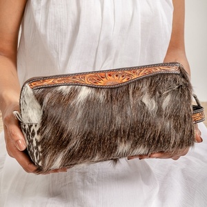 LW Western Handcrafted Hair On Hair Tooled Fur Leather Jewelry Pouch Cow Skin Hair Makeup Minimal Bag Bridesmaid Perfect Gift - Product Image 5
