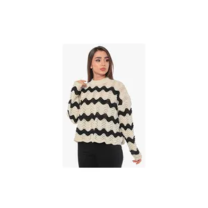 Good Cost Women's Crew Neck Wave Patterned Openwork Knitwear Blouse Black Knitted Tops Manufacturer