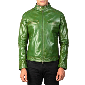 High Quality Winter Men's Sportswear Plus Size Cafe <b>Racer</b> Light Green Real Leather <b>Jacket</b> Erect Collar YKK Zipper Closure - Product Image 3