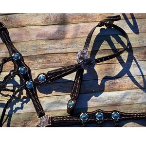 Ensemble de clous occidentaux les plus vendus des fabricants indiens Collier de poitrine en cuir noir Concho en cristal Boucle du Pentagone Équitation - Product Image 1