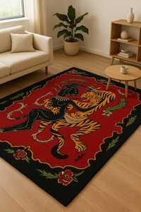 พรมขนสัตว์ทอมือ - ลายเสือและเสือดำต่อสู้ |   พรมหรูหราโดดเด่น |   พรมเปอร์เซียคุณภาพสูงแบบตัดขน - Product Image 5