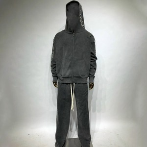 Ensemble de survêtement personnalisé pour hommes, pantalon de jogging empilé, sweat à capuche en molleton de coton, ensemble deux pièces délavé à l'acide pour femmes - Product Image 3