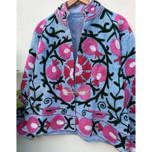 Hand Stitched Floral Suzani Embroidery Reversible Spring <b>Jacket</b> <b>Kantha</b> Quilt Fabric Cotton Fringed Varsity Outerwear Single - Product Image 4