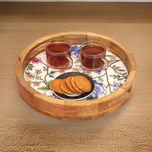 Prix de gros Plateau rond en bois de manguier pour petit-déjeuner Plateau en bois émaillé imprimé floral pour restaurants hôtels - Product Image 5