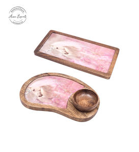 Grand plateau rond en bois de manguier fait à la main imprimé floral pour la décoration de table et le service de plats - Product Image 5