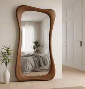 Miroir mural rond de style Art déco, léger, écologique, fait à la main, avec cadre en bois massif de noyer rustique - Product Image 5