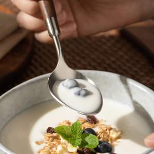 Cuillère à manche en bois rétro Cuillères à soupe de service en acier inoxydable Cuillère à dîner en bois Argenterie argentée avec manche marron 4 pièces. - Product Image 4