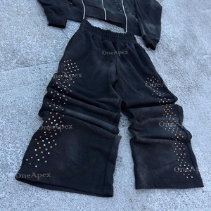 <b>Men's</b> Tracksuit Custom <b>pink</b> Acid Washed Sweat suit Triple Zip up Sun Faded Diamond Rhinestone Gem Stones <b>Hoodie</b> Set - Product Image 5