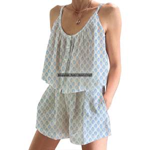 Pijama Corto de Algodón con Estampado Floral, Conjunto de Pijama Corto con Botones, Ropa de Dormir de Primavera/Verano, Ajustado, sin Mangas, con Tirantes - Product Image 4