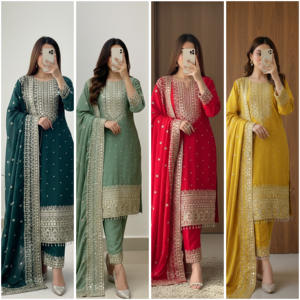 Nouvelle collection de créateurs en soie de Cinon pure avec un travail de broderie lourd, costume cousu - Product Image 2