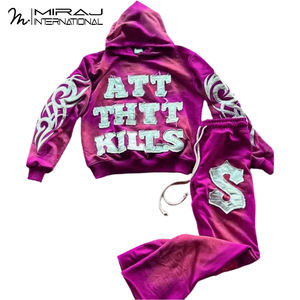 Survêtement évasé en éponge française surdimensionné pantalon de survêtement délavé à l'acide ensembles à capuche grande taille Streetwear avec applique brodée - Product Image 3