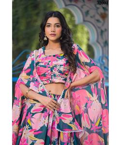 Lahenga y Choli rosa al por mayor para mujeres y niñas, ropa de fiesta de Boda nupcial de terciopelo con lentejuelas - Product Image 6