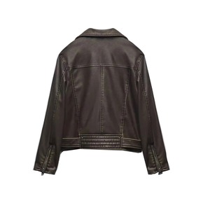 แจ็กเก็ตหนัง PU เทียมสั้นแบบลำลองสำหรับผู้หญิงเสื้อคลุมมอเตอร์ไซค์แนวสตรีทระบายอากาศได้ดีมีปกและซิปดีไซน์แบบถักย้อมสีธรรมดา - Product Image 2