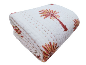 100% Cotton Vintage Kantha <b>Quilt</b> Reversible Floral Bed Cover Queen Size Modern Style Palm Tree Print <b>Throws</b> Blanket Bedding Set - Product Image 3