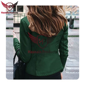 Nouvelle veste de motard pour femme en cuir véritable vert, col montant, en peau de mouton, fermeture éclair frontale, coupe ajustée, panneaux sur mesure, vêtement d'extérieur chaud - Product Image 3