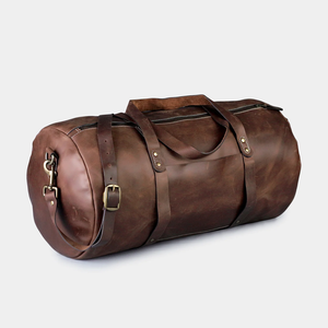 Bolsa de cuero de viaje de equipaje de lona de fin de semana marrón oscuro alrededor de la forma - Product Image 3