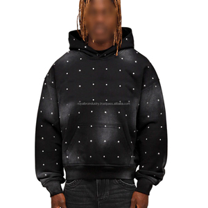Sweat à capuche d'hiver surdimensionné pour homme, 400 GSM, délavé à l'acide, brodé de strass, effet vieilli, streetwear personnalisé, vente en gros - Product Image 4