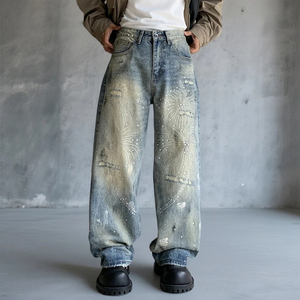 Jean en denim taille haute à jambe large avec broderie de sequins et imprimé scintillant, coupe ample, en coton délavé, style streetwear, collection automne - Product Image 3