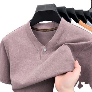 T-shirt col en V noir pur pour homme Collants noirs confortables 100% coton Motif solide 220 grammes Tissu Poids Fitness Vêtements pour homme - Product Image 3