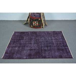 Modern Vintage Turkish Rug Purple 3.2 X 4.9ft Wool with Latex Backing Large Rectangle Patchwork Pattern for Living Room Hallway - Product Image 3