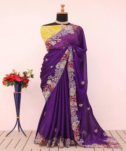 Saree Georgette de diseñador con adornos de piedra y diseño de volantes para oficina y ropa formal - Product Image 1