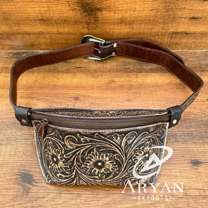 Tooled Leather Fanny Packs for <b>Women's</b> Wholesale Cowhide Leather Vintage Bum <b>Bag</b> Western Brown Floral Pattern Leather <b>Belt</b> <b>Bags</b> - Product Image 1