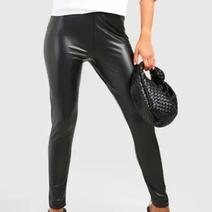 Pantalon en cuir véritable pour femme, pantalon skinny, uni, brillant, style streetwear, forme irrégulière, plis, vêtements, taille élastique, respirant, satin - Product Image 2