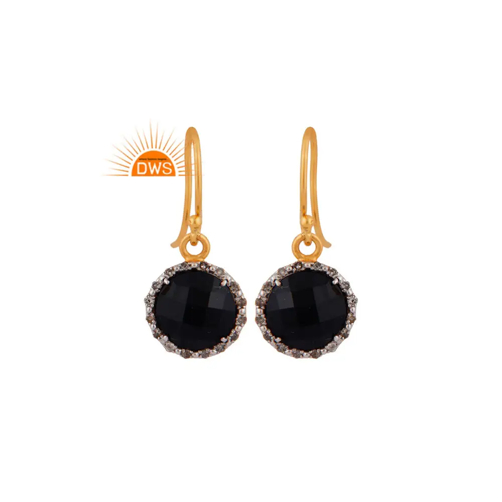 Anting-anting Juntai batu permata Onyx hitam dan berlian alami perak murni 925 produsen perhiasan