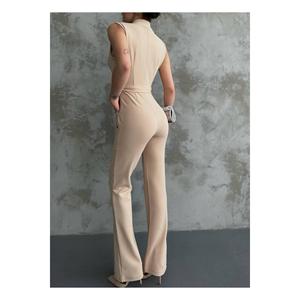 Colletto doppiopetto con bottone con cintura intrecciato tessuto Lycra tuta da donna Mi390-12133 grigio - Product Image 5
