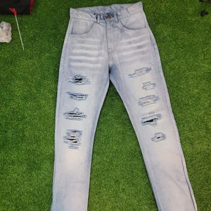 Jeans droits décontractés personnalisables 100% coton foncé délavé respirant imperméable avec patchs de taille personnalisés disponibles en grandes tailles - Product Image 1