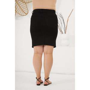 RMG Women's Plus Size Black Denim <b>Skirt</b>, High Waist Stretch Cotton Blend, Casual Knee-Length A-Line Style for Summer - Product Image 3