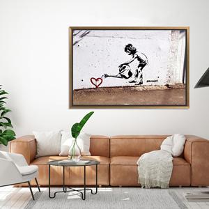 Printed Banksy Children Watering Heart Canvas: Street Art Decor,GOLD <b>FRAMED</b> CANVAS - Product Image 1