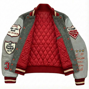 Veste de baseball universitaire tendance et élégante, corps en laine, manches en cuir PU, patchs brodés, veste de baseball universitaire pour hommes - Product Image 4