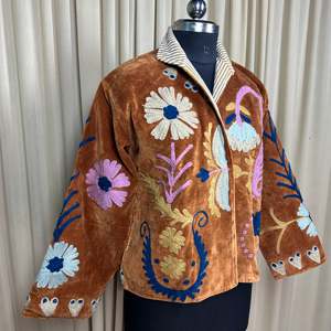 Boho Chic Retro Chic Free Size XL <b>Robe</b> Hand Embroidered Brown Floral Velvet Suzani Jacket Open Front Winter <b>Coat</b> Winter Wear - Product Image 5