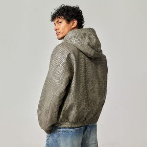 Veste bomber à capuche zippée en coton 100% gris, poignets élastiques, doublure, poches latérales, polaire d'hiver, séchage rapide, coupe régulière - Product Image 2