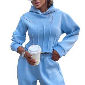 Custom Hooded Two Piece Sets Adults 100% Cotton <b>Plain</b> Dyed Double Waist Stripe Sweatpants <b>Tracksuit</b> 2025 - Product Image 1